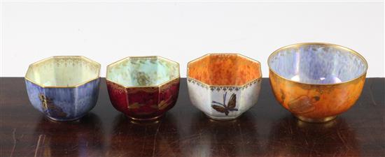 Three Wedgwood lustre octagonal tea bowls and a similar circular tea bowl, 1920-30s, 6.5cm and 8.5cm, butterfly bowl repaired